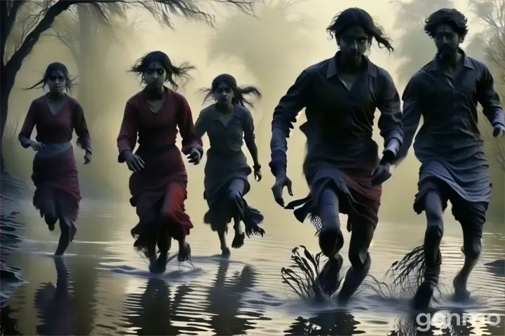 Raghav and Nandini running away in fear from the riverbank, with a look of terror on their faces. Kalindi’s ghost should be visible in the background, closing in on them.