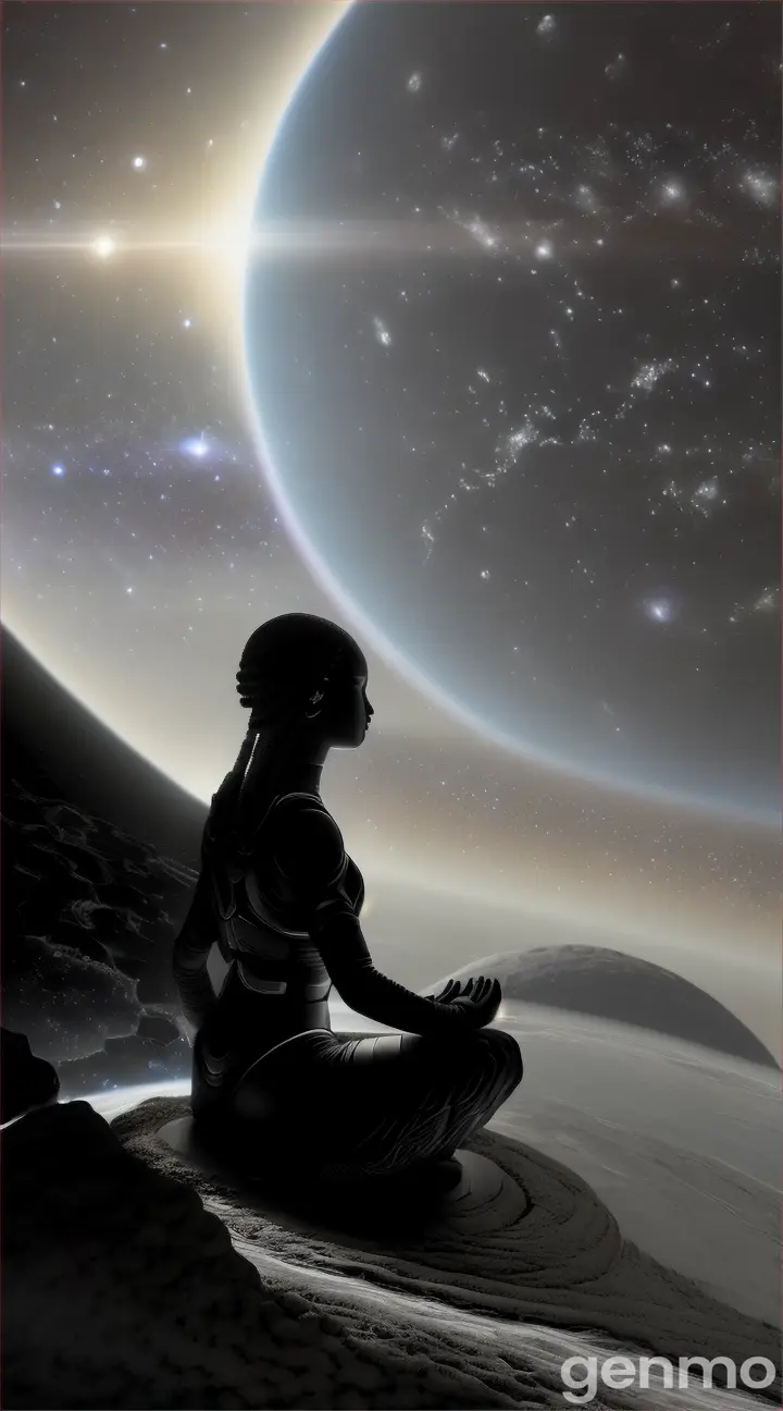 A blacked out figure meditating above planet earth 