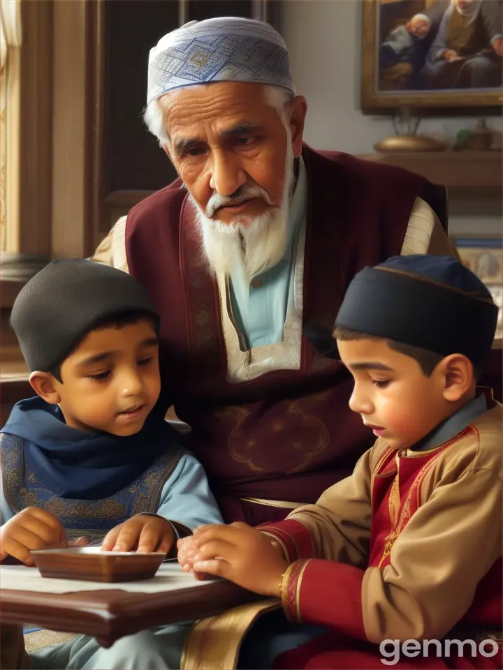 Muslim Grandfather telling a story to his 2  grandsons and a granddaughter 