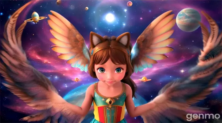 During her journey, Layla met friendly aliens that looked like little cats, but they could fly. They told her about the secrets of the universe, how stars and planets were formed, and where other galaxies are located.3d cartoon , the same little girl