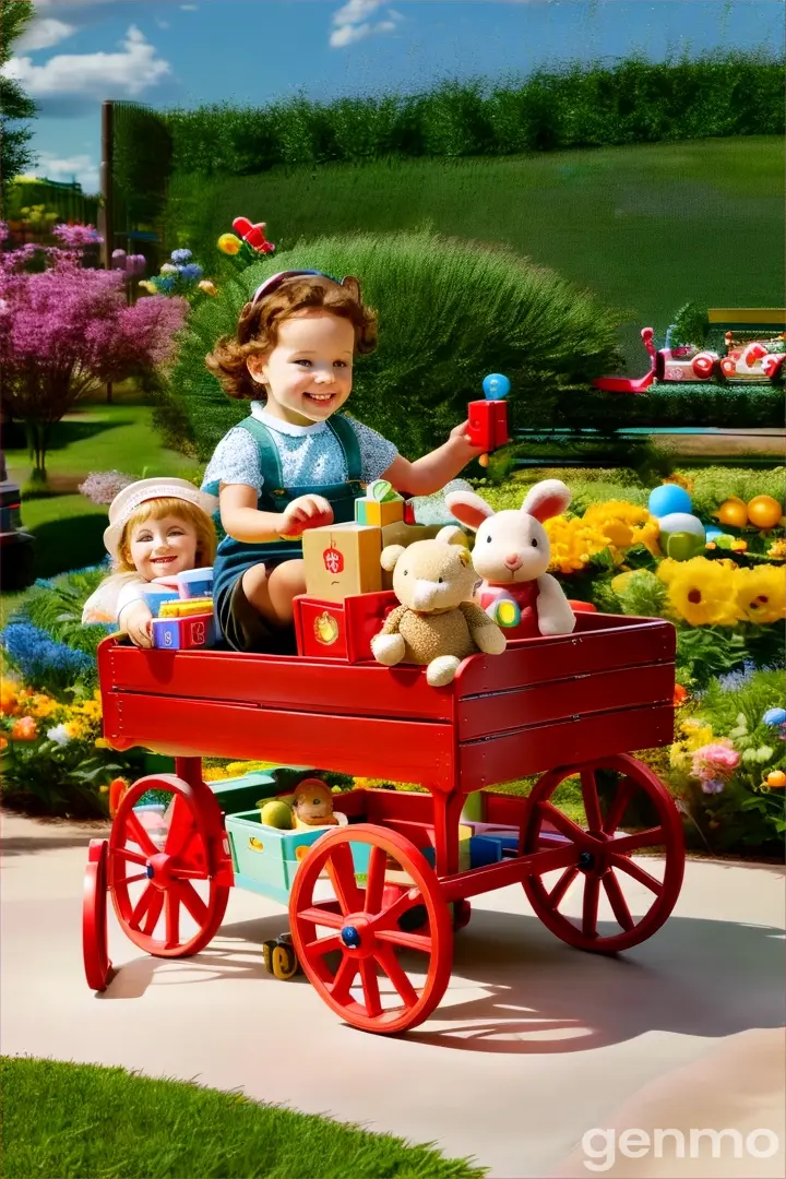 a little girl riding in a red wagon filled with toys