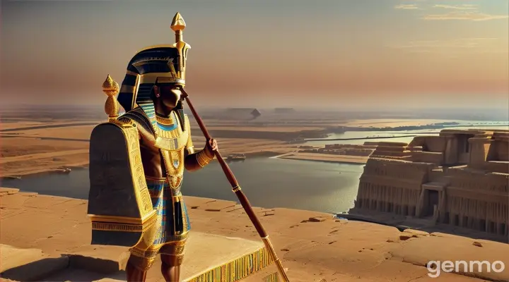 
Image prompt: Depict King Narmer, wearing traditional ancient Egyptian attire, unifying Upper and Lower Egypt with a backdrop of early dynastic Egyptian landscapes and hieroglyphs.
