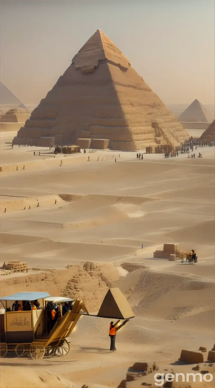 Image prompt: Show the Great Pyramids of Giza under construction, with workers, scaffolding, and early Egyptian machinery set against the backdrop of the desert.