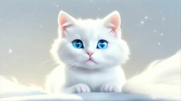 cute cartoon white cat with big blue eyes sitting on the white background