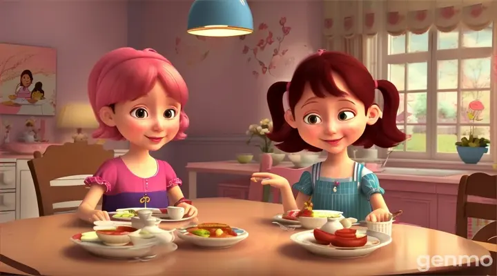 create cartoon style video, One small girl discussing with her mother on dining table at her dinning room.