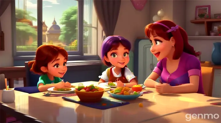 create cartoon style video, One small girl discussing with a 45 years old mother on dining table at her dinning room.