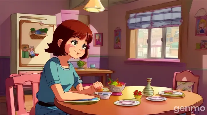 create cartoon style video, One small girl discussing with a 45 years old mother on dining table at her dinning room.