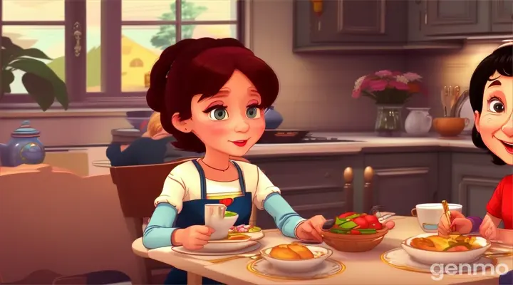 create cartoon style video, One small girl discussing with a 45 years old mother on dining table at her dinning room.