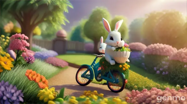 A 3D cartoon baby rabbit riding a bike through a lush garden landscape surrounded by colorful flowers