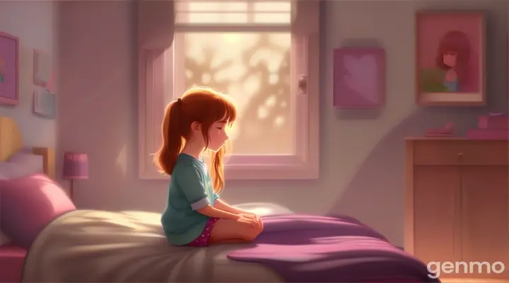 create cartoon style video, One small girl sitting in sad mode in her room