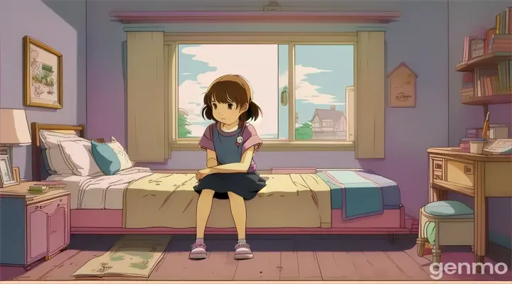 create cartoon style video, One small girl sitting in sad mode in her room