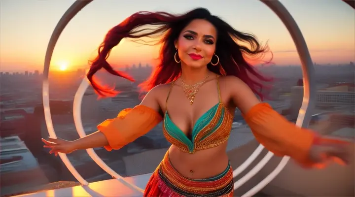 A woman dancing salsa on a bohemian-themed rooftop, with a sweeping city skyline view and sunset colors
