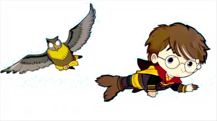 a harry potter flying next to a flying owl