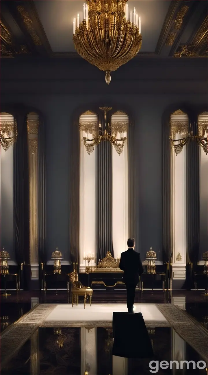 A person surrounded by luxurious items in a grand room, yet they appear small and isolated, symbolizing the emptiness that can accompany material wealth without deeper fulfillment.







