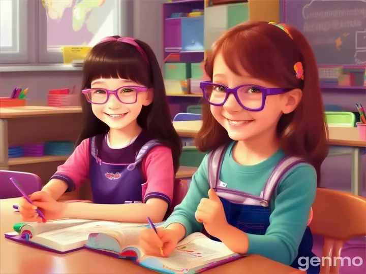 create cartoon style images, two small girls aged 10 years wearing glasses on face sitting in their class room & talking together. Create Cartoon style images