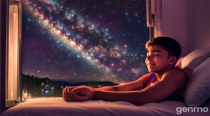 The boy 15 yrs old is lying in bed, looking at the stars through his window. As the stars begin to fade, he imagines her glow remaining constant, a beacon in his life. The scene fades out as he smiles, knowing that she’ll always be his guiding light, his shining star.
