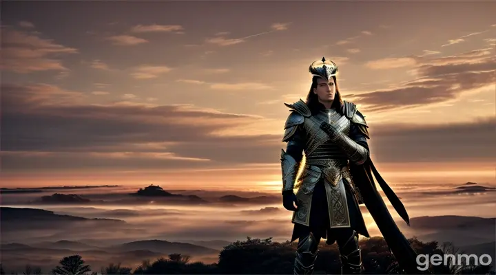 Hyperrealist and cinematic style. At dusk, a slight fog prevails in the air. Handsome Apollo, dressed in his extremely flamboyant black battle armor, and staring at the kingdom of Troy on the horizon. As the camera slowly approaches it, subtle flashes illuminate the horizon and create mystical shadows