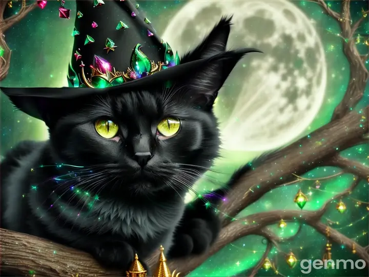 Black cat with wizard hat on a branch, under a crescent moon, casting a magical spell with glowing emerald green eyes