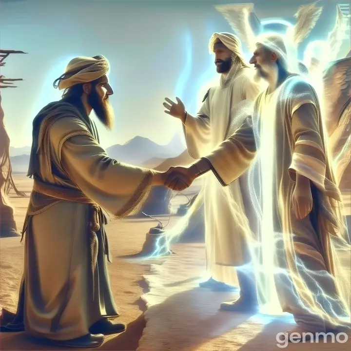 a painting of two men shaking hands with angels of light in the desert