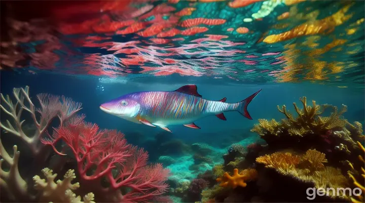 A colorful murène swimming amongst a vibrant coral reef surrounded by lush, vibrant plants and other marine life