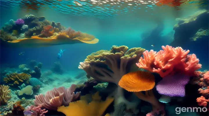 A colorful murène swimming amongst a vibrant coral reef surrounded by lush, vibrant plants and other marine life