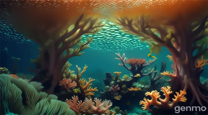 Lush jungle plants growing out of a coral reef as a murène hides amongst its branches