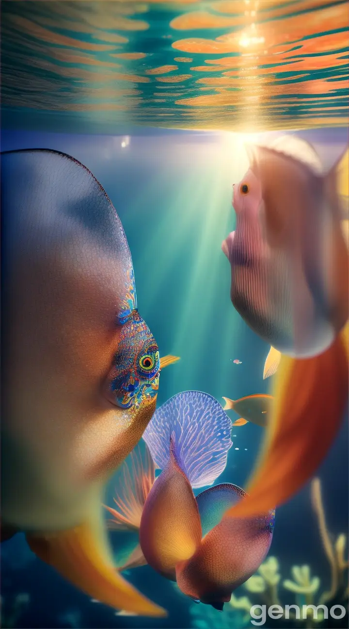 A beautiful flower blooming in an ethereal underwater garden, surrounded by schools of colorful fish