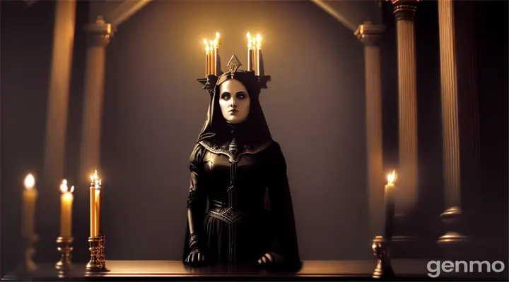 The devil is wearing black clothes and standing behind her is a Jewish menorah.