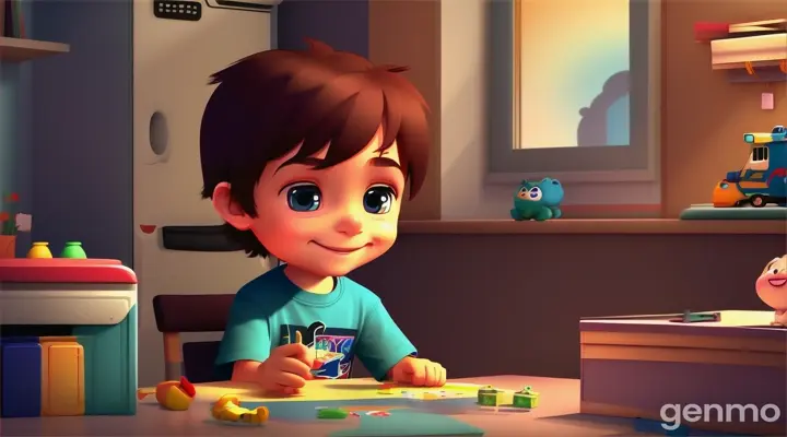 create cartoon style video, One small boy sitting at his home and small boy is very , small boy is very slow and work thief.