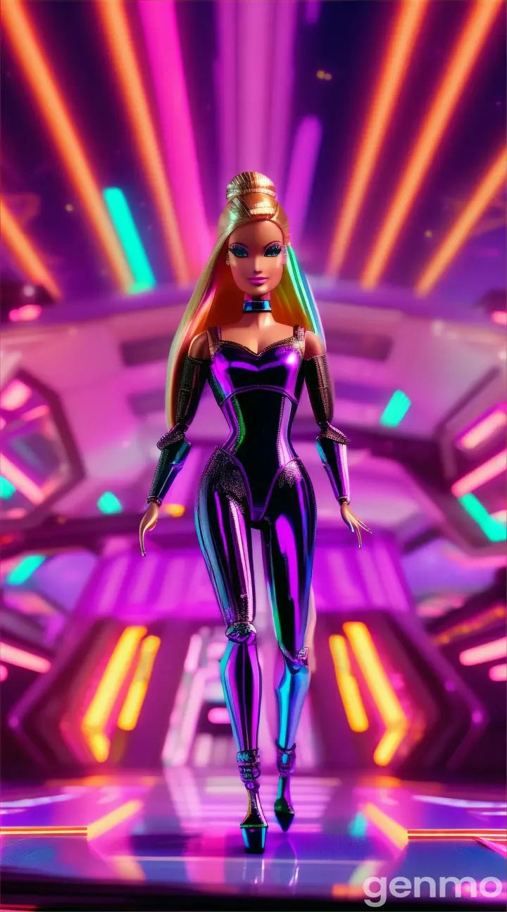 Barbie walking down a metallic runway, with vibrant neon lights casting dramatic shadows, 9:16