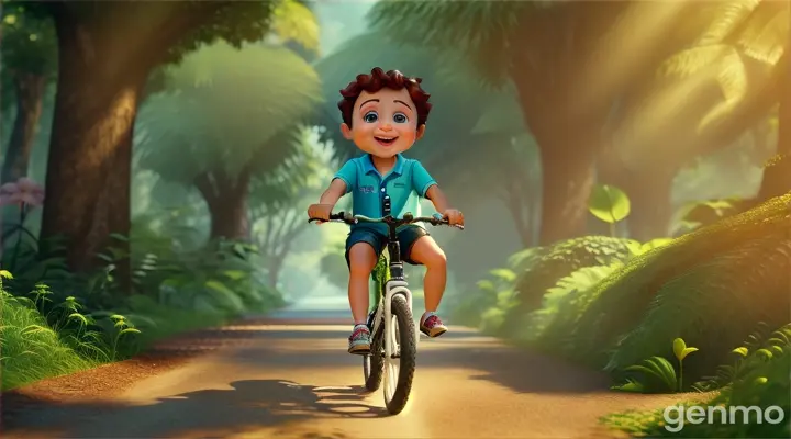 3D baby boss riding a bike through a lush jungle inhabited by friendly animals, with vibrant flora and fauna