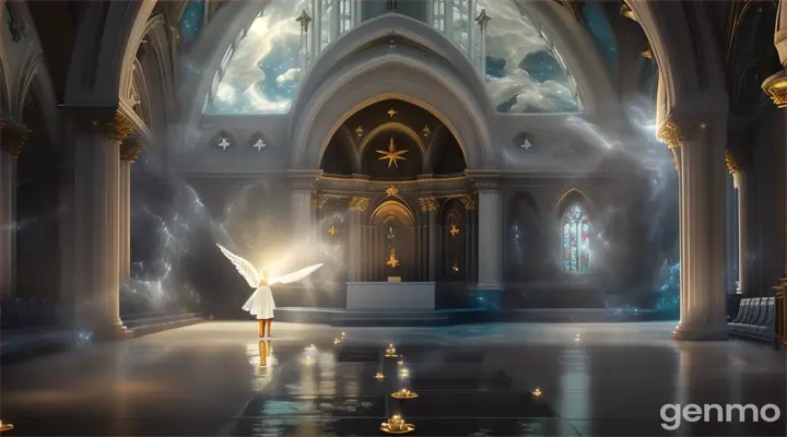 an angel with wings standing in water spilled inside the chapel, in front of a mother, roof of the chapel, stars in the sky with a storm in the background and a dark sky above her, in 3D style, octane rendering, 8k, ray tracing, blender , hyper-detailed