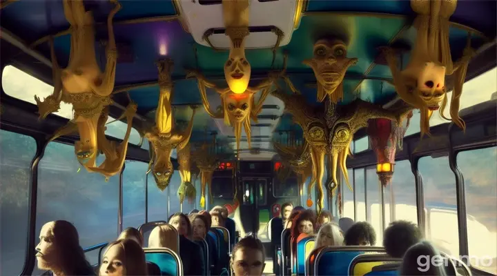 Strange Figures: Strange figures hanging from the ceiling of the bus staring at the friends.