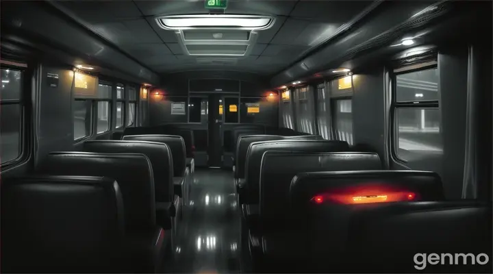 Haunted Bus Interior: The inside of a bus with flickering lights, casting eerie shadows. The three friends are huddled together in the backseat, with one looking out the window into the darkness outside. The atmosphere is thick with tension and fear.