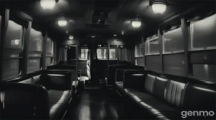 .Haunted Bus Interior: The inside of a bus with flickering lights, casting eerie shadows. The three friends are huddled together in the backseat, with one looking out the window into the darkness outside. The atmosphere is thick with tension and fear.