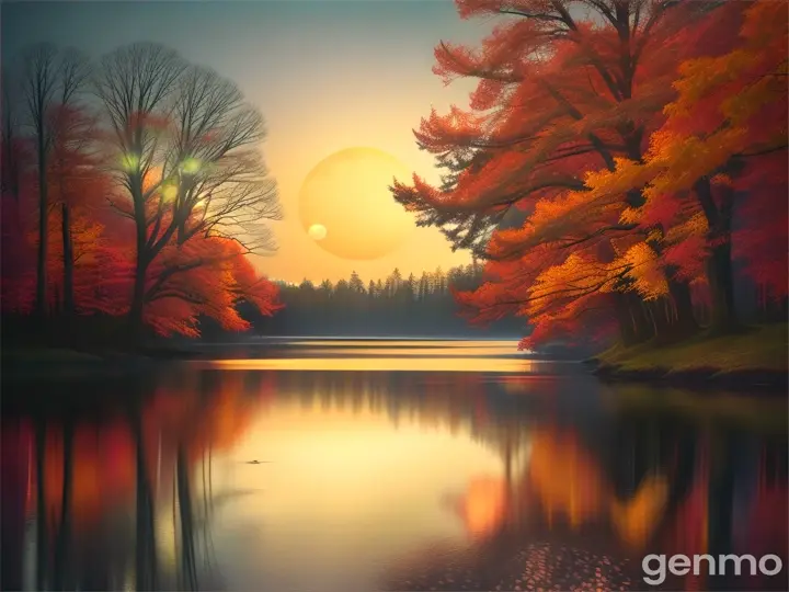 Two hands intertwined with branches under a glowing, oversized autumn moon, reflecting in a gentle river