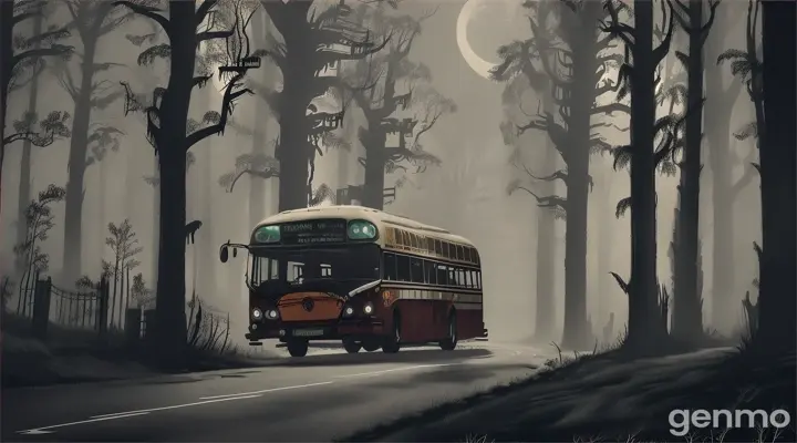 A dark and ominous background featuring an old, decrepit bus marked '999' at the center of the scene. The bus, with shattered windows and flickering, weak headlights, is enveloped by thick fog. The bus is surrounded by a dense forest, with twisted, leafless trees casting long, menacing shadows. Ghostly figures can be faintly seen through the fog, and mysterious symbols are barely visible on the surface of the bus. The sky is overcast, with a full moon barely peeking through the clouds, adding to the unsettling atmosphere."