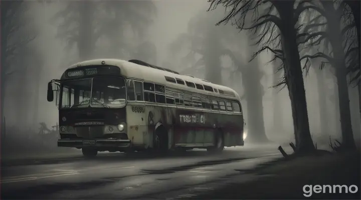 A dark and ominous background featuring an old, decrepit bus marked '999' at the center of the scene. The bus, with shattered windows and flickering, weak headlights, is enveloped by thick fog. The bus is surrounded by a dense forest, with twisted, leafless trees casting long, menacing shadows. Ghostly figures can be faintly seen through the fog, and mysterious symbols are barely visible on the surface of the bus. The sky is overcast, with a full moon barely peeking through the clouds, adding to the unsettling atmosphere."