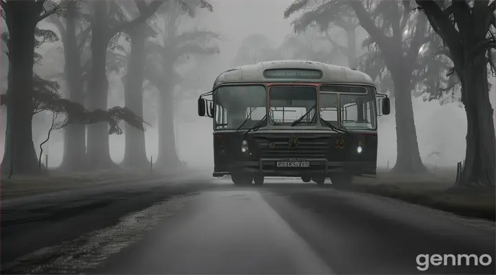 A dark and ominous background featuring an old, decrepit bus marked '999' at the center of the scene. The bus, with shattered windows and flickering, weak headlights, is enveloped by thick fog. The bus is surrounded by a dense forest, with twisted, leafless trees casting long, menacing shadows. Ghostly figures can be faintly seen through the fog, and mysterious symbols are barely visible on the surface of the bus. The sky is overcast, with a full moon barely peeking through the clouds, adding to the unsettling atmosphere."