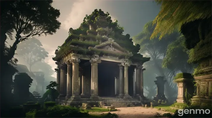 The ancient temple partially hidden by dense trees and vines, with crumbling walls and an overgrown entrance. The friends are standing at a distance, looking at it with a sense of foreboding.