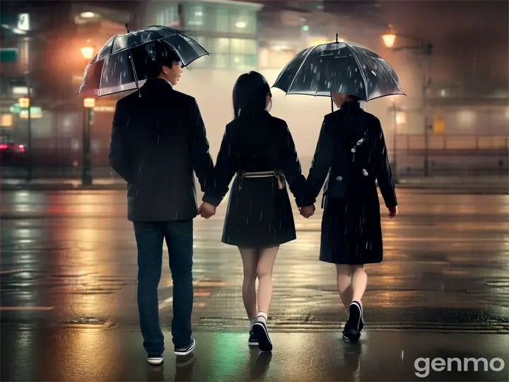 A Korean boy and a girl stand in the rain they are sad holding hands boy promiss to girl age 30 years old young