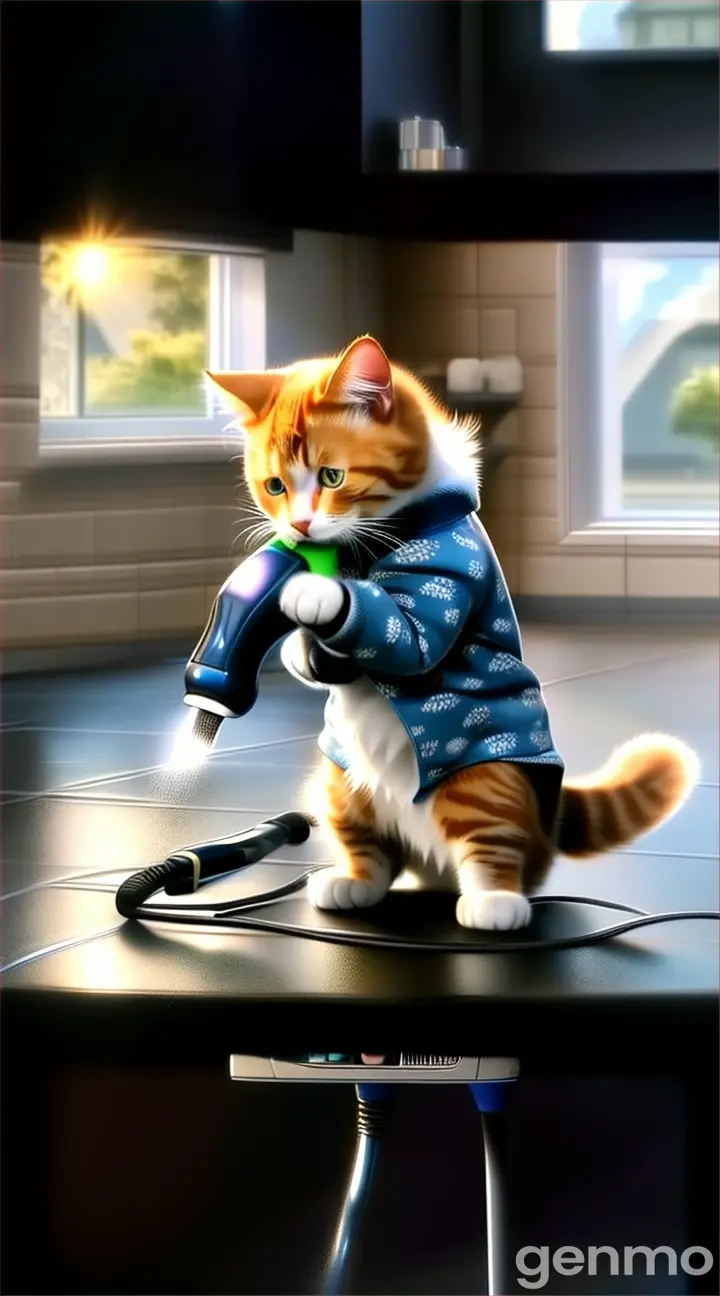 a picture of a cat playing with a hair dryer