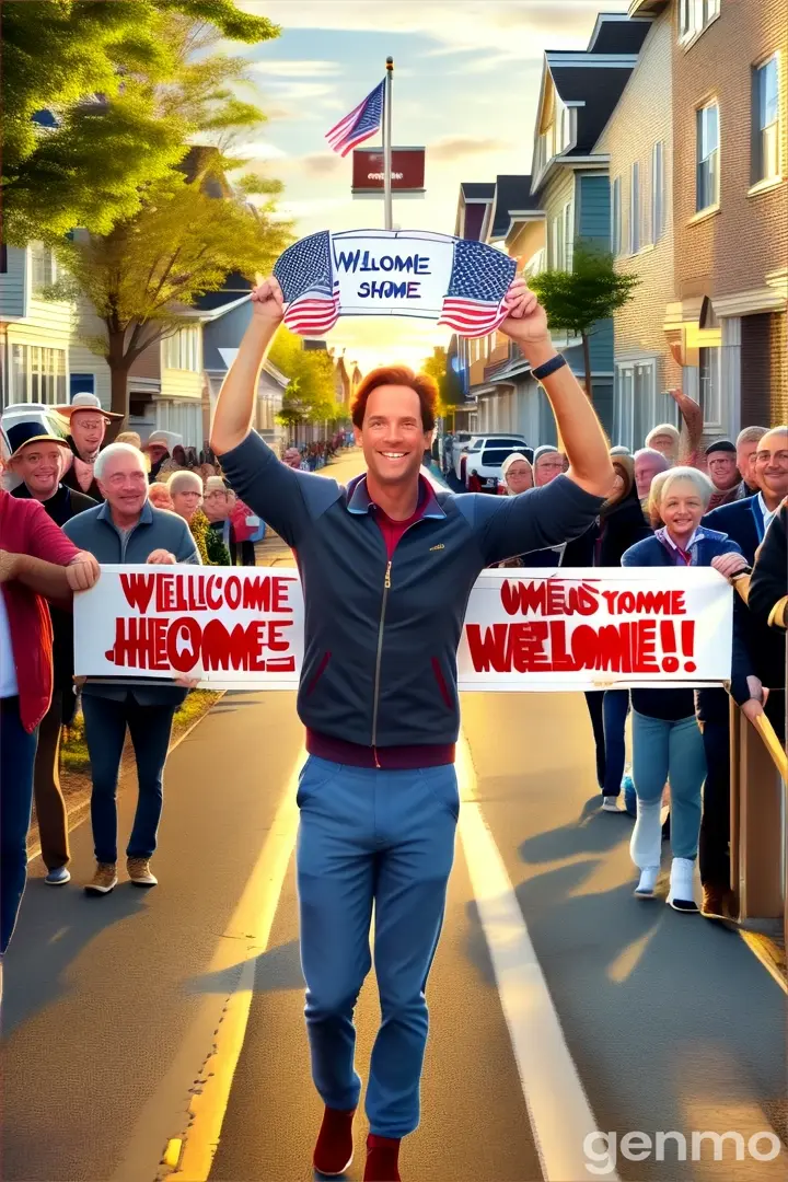 a man walking down a street holding a welcome home sign back from world tour in shorts