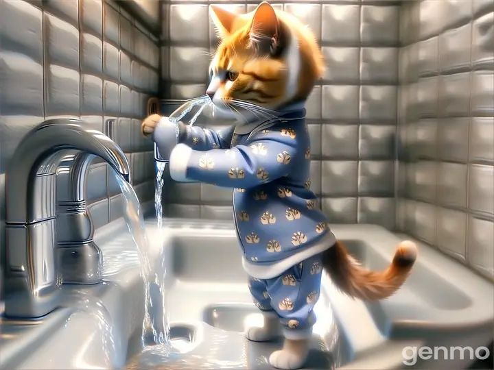 a cat in pajamas is drinking water from a faucet