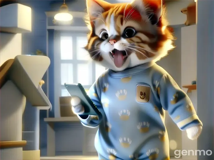 a cat in pajamas holding a cell phone