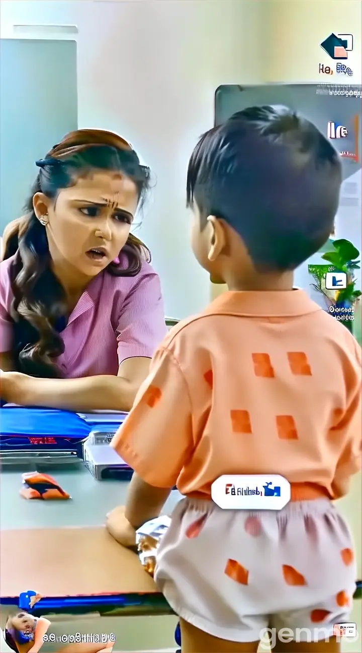 a woman talking to a child in front of a screen