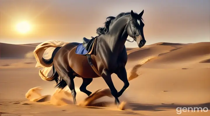 A black horse running on desert for 15 second 