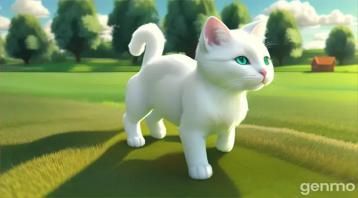 a little white cat  is walking in a tall grass. .3d animation for kids. 16:9