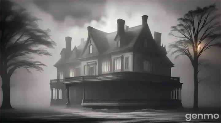 Eerie Atmosphere: A general view of an old mansion with a foggy, unsettling atmosphere.