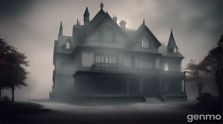 Eerie Atmosphere: A general view of an old mansion with a foggy, unsettling atmosphere.